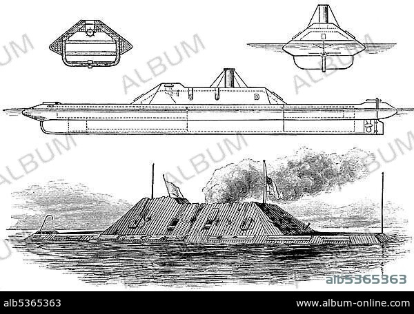 Historical drawing, US-American history, 19th century, the CSS Tennessee, an armored warship, 1864, American Civil War.