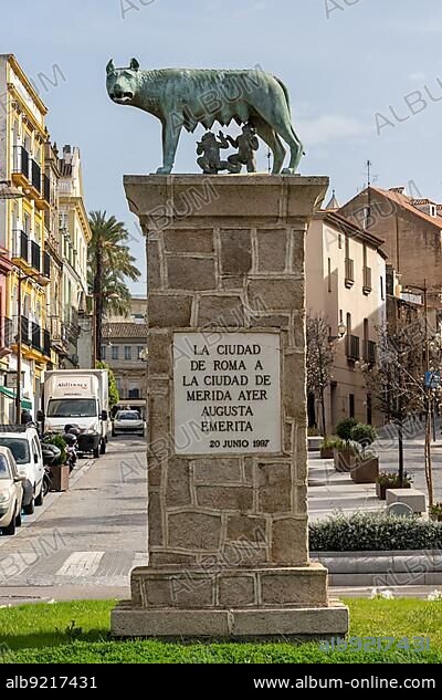 Merida, Spain -- 28 March, 2022: statue of friendship with Rome in the city center of Merida.