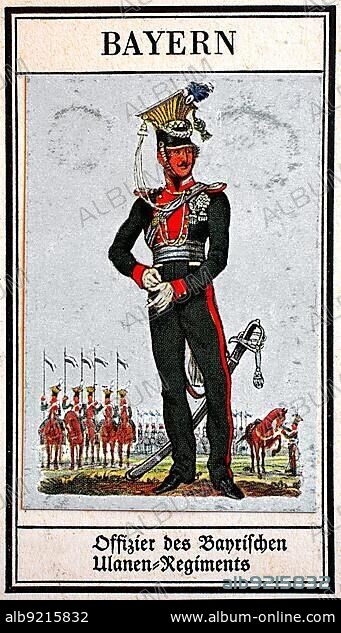 German uniforms of the 19th century, lines, cavalry: Bavaria, officer of the Bavarian Uhlan (cavalry type armed with carbine) Regiment, Historical, digitally restored reproduction of a public domain collector's picture from the early 20th century.