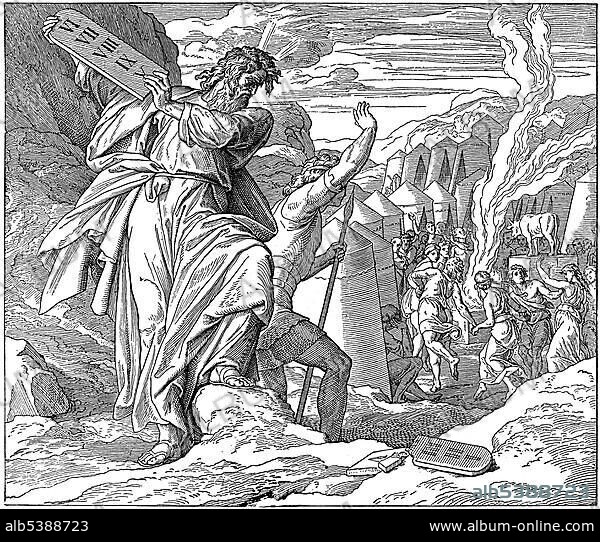 Woodcut, The Golden Calf, Second Book of Moses, Exodus 32, 19, Old Testament, Catholic Picture-Bible, The Ten Commandments.