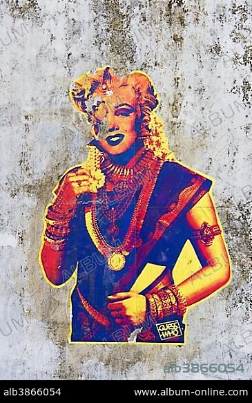 Marilyn Monroe wearing an Indian sari from the series Guess Who, unknown artist, graffiti on a wall in Kochi, international art exhibition of contemporary art Kochi Muziris Biennale 2014 Kerala, India, Asia.