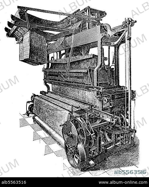 Textilindustrie, Damastwebstuhl des sächsischen Webstuhlfabrik in Chemnitz, Deutschland, digital restaurierte Reproduktion einer Originalvorlage aus dem 19. Jahrhundert.