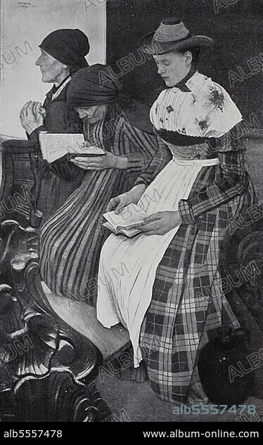 Drei Frauen in der Kirche, die beten und die Bibel lesen, Situation in Deutschland im Jahr 1880, Historisch, digital restaurierte Reproduktion einer Originalvorlage aus dem 19. Jahrhundert.