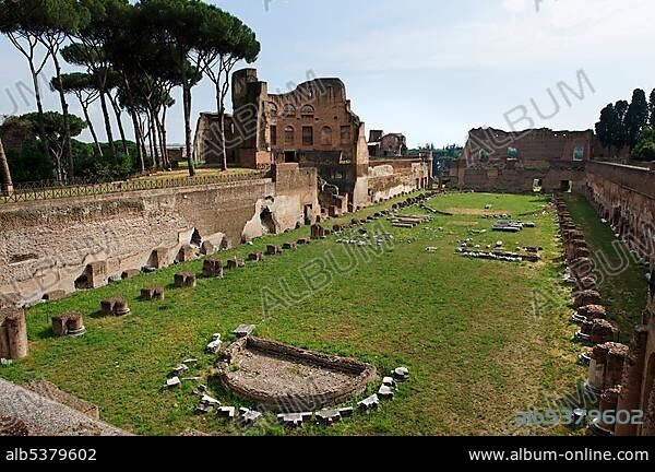 Palatine Hill, Stadio Palatino in the Domus Augustana part of the Palace of Domitian, Palazzo di Domiziano, ancient Rome, Rome, Lazio, Italy, Europe.