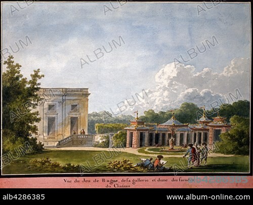 Richard Mique. "The Petit Trianon plan collection". Folio 8: view of the ring piercing carrousel, the gallery and one of the château's facades (north facade). Watercolour on paper. Biblioteca Estense, Modena.