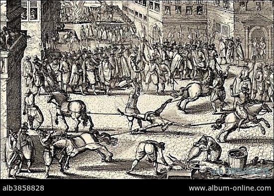 The quartering of François Ravaillac, the assassin of King Henry IV. of France, 1610, historical illustration.