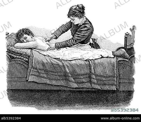 Back massage, historical illustration from: Anna Fischer Dueckelmann, Woman as the Family Doctor, 2 Edition, Stuttgart, 1907, p. 177, fig. 123.