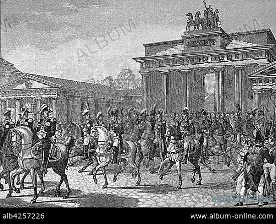 The entry of Napoleon I. in Berlin, 1806, woodcut, Germany, Europe.