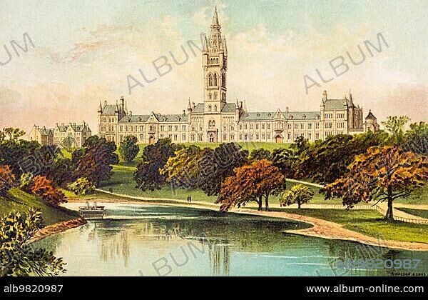 The New University; Glasgow; Scotland; Great Britain; education; teaching; park; green space; trees; lake; sky; autumn colours; colourful historical illustration.