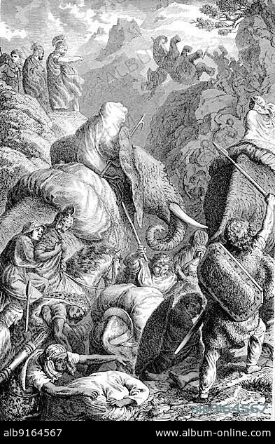 Hannibal's crossing of the Alps in 218 BC was one of the most important events of the Second Punic War, History of Ancient Rome, Roman Empire, Italy, Historical, digitally restored reproduction of a 19th century original, Europe.