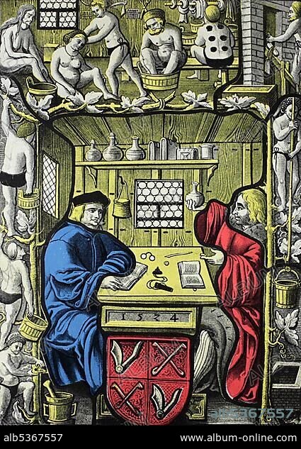 Owners of a bathhouse, 16th century, historical Swiss glass painting from 1524.