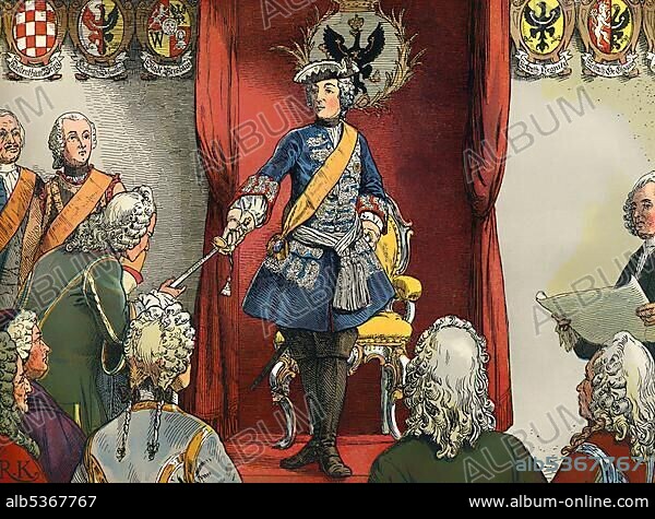 Homage to Frederick II in Wroclaw after the conquest of Silesia, in the town hall of Breslau, the Silesian estates recognize the supremacy of Prussia, Frederick II or Frederick the Great, 1712 - 1786, King of Prussia and Elector of Brandenburg from the royal house of Hohenzollern, historical painting from the 19th century.
