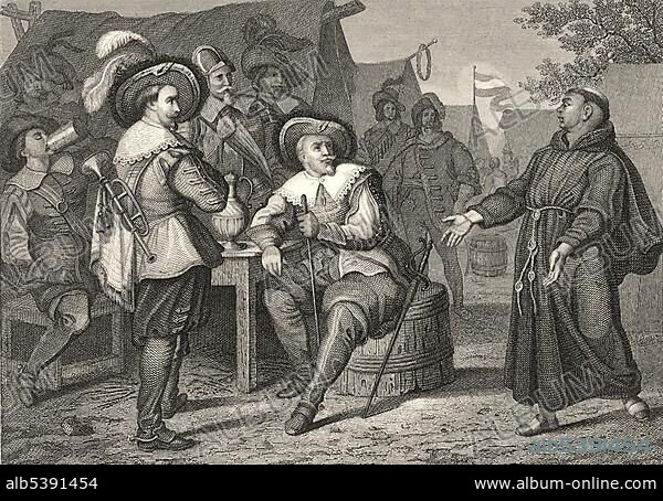 Historic steel engraving, illustration on Wallenstein's Camp, a drama about General Wallenstein, 1583 - 1634, by Johann Christoph Friedrich von Schiller.