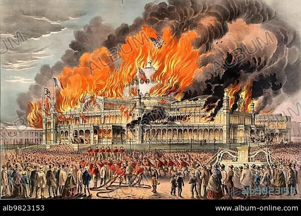 Fire of the New York Crystal Palace. On 5 October 1858 during its use for the annual American Institute Fair; Historic; digitally restored reproduction from a 19th century original.