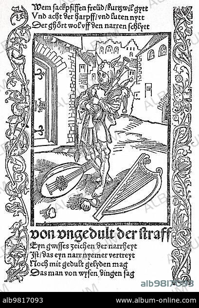 The Ship of Fools by Sebastian Brant; 1494; late medieval moral satire. Not wishing to mend one's ways; he who is given to folly instead of following wisdom; acts like a bagpipe fool; Historical; digitally restored reproduction from a 19th century original.