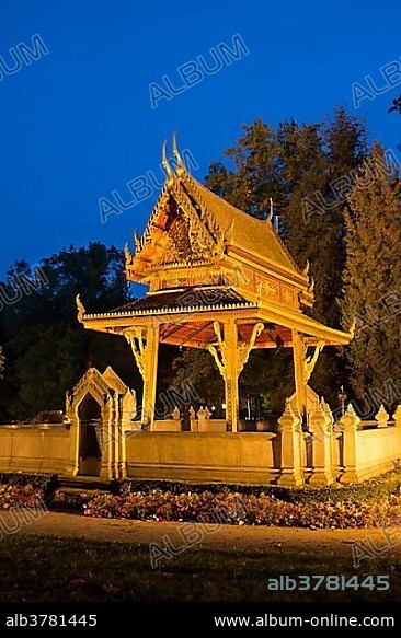 Sala Thai in the park, temple, park at twilight, Bad Homburg vor der HÃ¶he, Hesse, Germany, Europe.