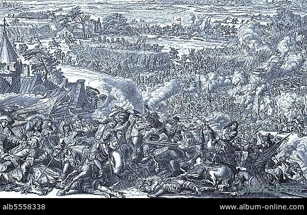 Schlacht von Seneffe 1674 zwischen französischen Truppen auf der einen Seite und kaiserlichen Einheiten und kaiserlichen Truppen auf der anderen Seite während des Niederländischen Krieges, links der verwundete Feldmarschall Graf Waldeck, obwohl bereits in französischer Gefangenschaft, wieder befreit und rechts der Tod des Grafen Rochefort, digitale verbesserte Reproduktion eines Originaldrucks aus dem 19. Jahrhunderts.