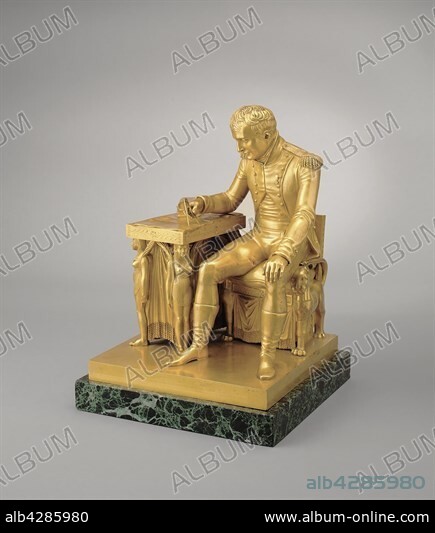 Antoine Mouton, known as Moutoni (born in 1765). French school. Napoleon I studying a map of Europe. Chiselled bronze painted gold with green marble base (H. 46.5 cm x L. 33 cm x D. 33 cm). Statuette created by Vivant Denon commissioned by Napoleon for his workroom in the Tuileries Palace.. . Alberto Ricci Photo. Napoleon is sat wearing the uniform of the chasseur de la Garde. He is studying a map of Europe and calculating a distance using his compass. There are also two workbooks present for him to log this information.