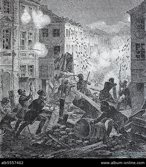 Barrikadenkampf vor dem Koellnischen Rathaus in Berlin, Deutschland, 1848-1849, Historisch, digital restaurierte Reproduktion einer Originalvorlage aus dem 19. Jahrhundert, genaues Originaldatum nicht bekannt.