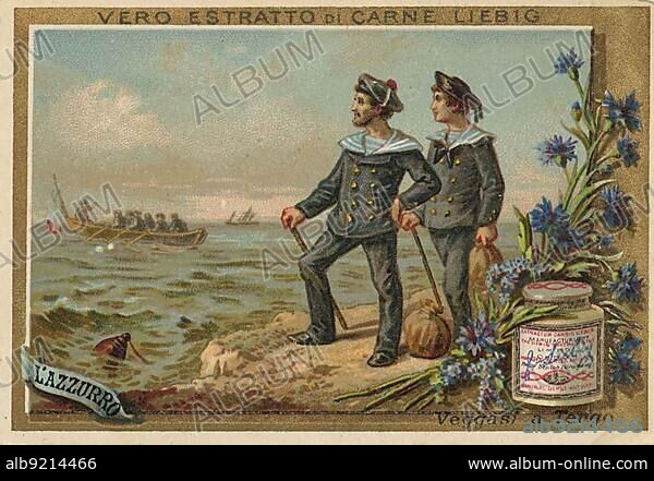 Picture series Veggasi a Tergo, lazzurro, colours, blue, sailors and rowing boat, digitally restored reproduction of a collectors picture from c. 1900.