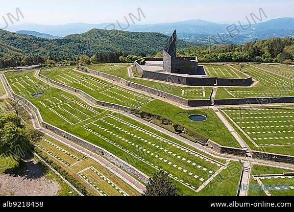 German Military Cemetery Futa Pass, Italian Cimitero militare germanico della Futa, is the largest military cemetery in Italy. According to the German War Graves Commission, 30, 800 German soldiers who died in Italy during the Second World War are buried here, aerial view, Passo Futa, Firenzuola, Italy, Europe.
