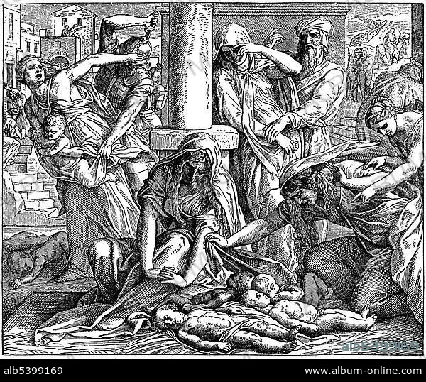 Woodcut, the child murder of Bethlehem, Gospel of Matthew, 2, 16, New Testament, Catholic Picture-Bible.