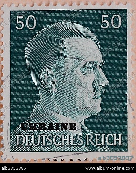 German stamp from 1941, with a portrait of Adolf Hitler and lettering "Ukraine, Deutsches Reich".