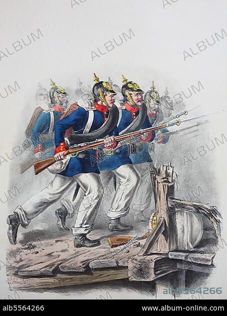 Prussian Army, Prussian Guard, Grenadier Regiment King Frederick William IV Pomeranian Regiment No. 2, Privates and Grenadiers, Army Uniform, Military, Prussia, Germany, Digitally Restored Reproduction of a 19th century Original, Europe.