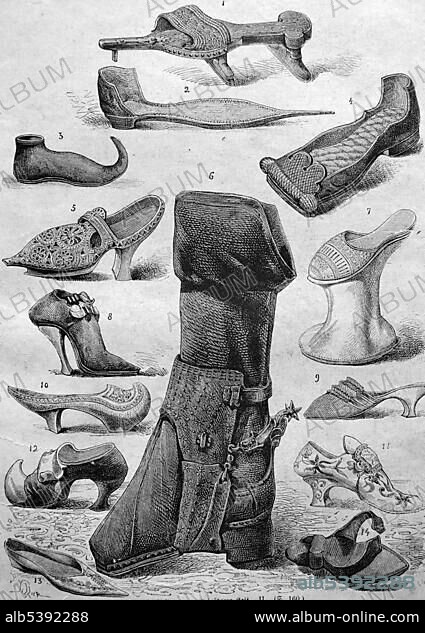 Shoe fashion from the Middle Ages, 1 crutch shoe, 2 - pointed peak shoe or poulaine, 3 - peak shoe or poulaine, 4 - flat shoe, 5 - wooden shoe, early 17th century, 6 - riding boots, 7 - Kuehfuss, 8 - high heels, 9 - slippers from the time of the French Revolution, 10 - wooden patten, 11 - Venetian leather shoe 12 - wooden shoe with a leather welding-13 - Atlas shoe of a courtier 14 - simple wooden shoe, historical illustration, 1877.