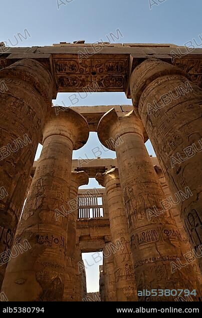 Colossal papyrus columns of Great Hypostyle Hall, precinct of Amun-Re, Karnak temple complex near Luxor, Egypt, North Africa, Africa.