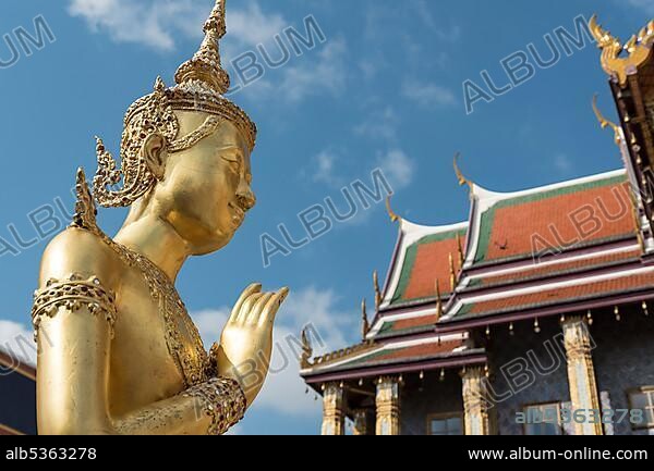 Golden statue of the mythical deity Kinnorn (Kinnara), Royal Pantheon, Wat Phra Kaew Temple, Grand Palace, Bangkok, Thailand, Asia.