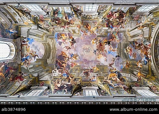Baroque trompe l'œil ceiling fresco, The Triumph of St. Ignatius Loyola, Entrance into Paradise, Apotheosis of St. Ignatius, the Glorification of St. Ignatius, by Andrea Pozzo, Church of Sant'Ignazio di Loyola, Rome, Italy, Europe.