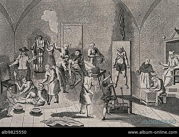 The interior of a prison of the Spanish Inquisition with a priest overseeing his scribe while men and woman are hung from pulleys; tortured on the rack or burned with torches; The Spanish Inquisition was a council for combating heresy; authorised by a papal bull in 1478 and established by King Ferdinand II and Queen Isabella of the Crown; in 1480; Historical; digitally restored reproduction from an original from.