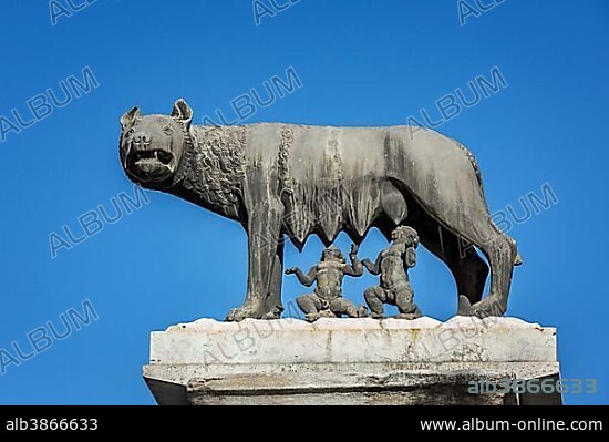 The Capitoline Wolf, statue of the she-wolf suckling Romulus and Remus, Piazza del Campidoglio, Rome, Italy, Europe.