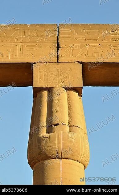 Architrave and capital of closed papyriform or papyrus column of the Great Sun Court of Amenhotep III at the Luxor Temple of Thebes, Egypt, North Africa, Africa.