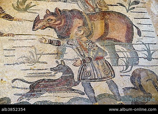Ancient floor mosaic, Villa Casale, Villa Romana del Casale, Piazza Armerina, Sicily, Italy, Europe.