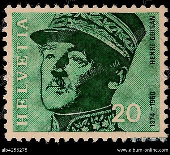 Henri Guisan, a Swiss military leader and national hero, portrait on a Swiss stamp, Switzerland, Europe.