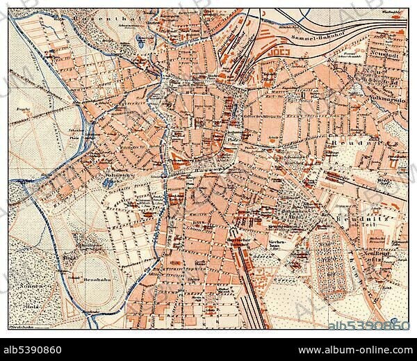 Historic map of Leipzig, Germany, 19th Century, from Meyers Konversations-Lexikon encyclopaedia, 1889, Europe.