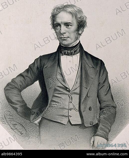 Michael Faraday (22 September 1791 - 25 August 1867) was an English naturalist who is considered one of the most important experimental physicists, Historic, digitally restored reproduction of an original of the period.