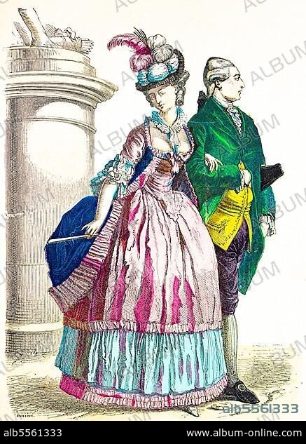 Münchener Bilderbogen, Kostüme, Mitte 18. Jahrhundert, Tracht vor 1780, Deutschland, Herr, Dame, Robe, zwei Personen, Porträt, historische Illustration 1890.