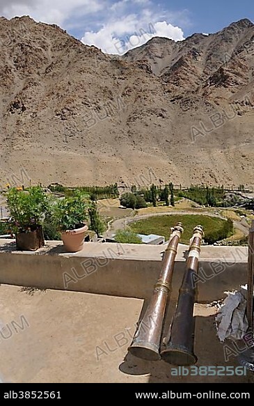 Tibetan brass instrument made of copper, Dungchen, in Likir Monastery, Ladakh, India, Himalayas, Asia.