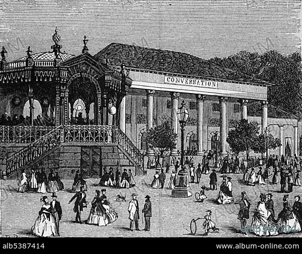 Spa hotel in Baden-Baden, Germany, historical illustration, circa 1886, Europe.