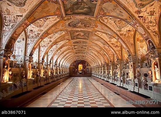 Statues in the Renaissance Antiquarium or Hall of Antiquities in the Munich Residence, Munich, Upper Bavaria, Bavaria, Germany, Europe.