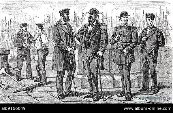 Uniforms of the German Navy (from left) Sailors, corvette captain in overcoat, admiral, lieutenant at sea, sea cadet, 1880, Germany, Historic, digitally restored reproduction of an original 19th century pattern, exact original date unknown, Europe.