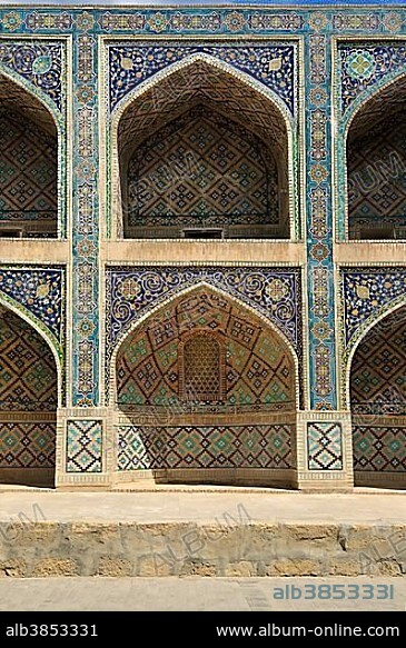Tile decoration at Nadir Divan Beghi Madrasah, Labi Hauz, Bukhara, Buchara, Silk Road, Unesco World Heritage Site, Uzbekistan, Central Asia, Asia.