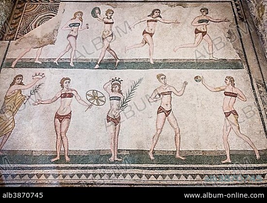 Ancient roman floor mosaic, bikini girls mosaic, Villa Romana del Casale, UNESCO World Heritage Site, Piazza Armerina, Province of Enna, Sicily, Italy, Europe.