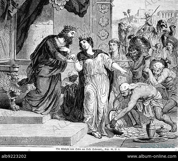 Doe Queen of Sheba at Solomon's Court, Rumour, Arabia, Seduce, Crowd, King Solomon, Throne, Gifts, Coins, Gold, Wealth, Bowl, Camels, Bible, Old Testament, First Book of Kings, Chapter 10, Verse 1, Historical Illustration circa 1850, Near East.