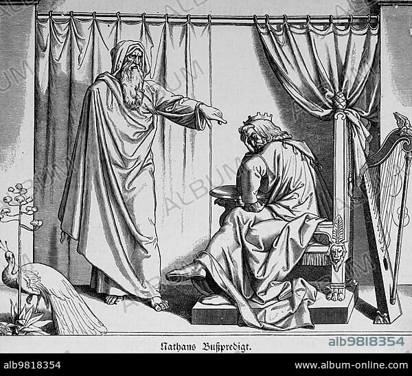 Nathan's Sermon on Repentance; First Book of Samuel; Chapter 12; Verses 1-20; Interior; Curtain; Nathan; King David; Wrath; Peacock; Plant; Sin; Repentance; Sermon; Old Testament; Bible; Historical illustration 1890.