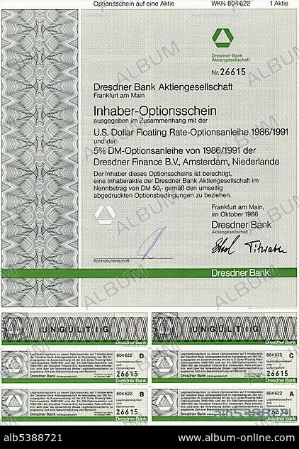 Bearer warrants for shares of Dresdner Bank AG and Dresdner Finance BV, Amsterdam, The Netherlands, 1986, Europe.