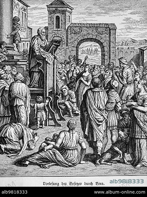 Reading of the Law by Ezra; Nehemiah; Chapter 8; Verses 1-12; Old Testament; Bible; Children of Israel; Laws; Book; Moses; read aloud; many people; city; listen; people; audience; city gate; scribe Ezra; God; pray; woman; men; children; holy day; understand; historical illustration 1890.